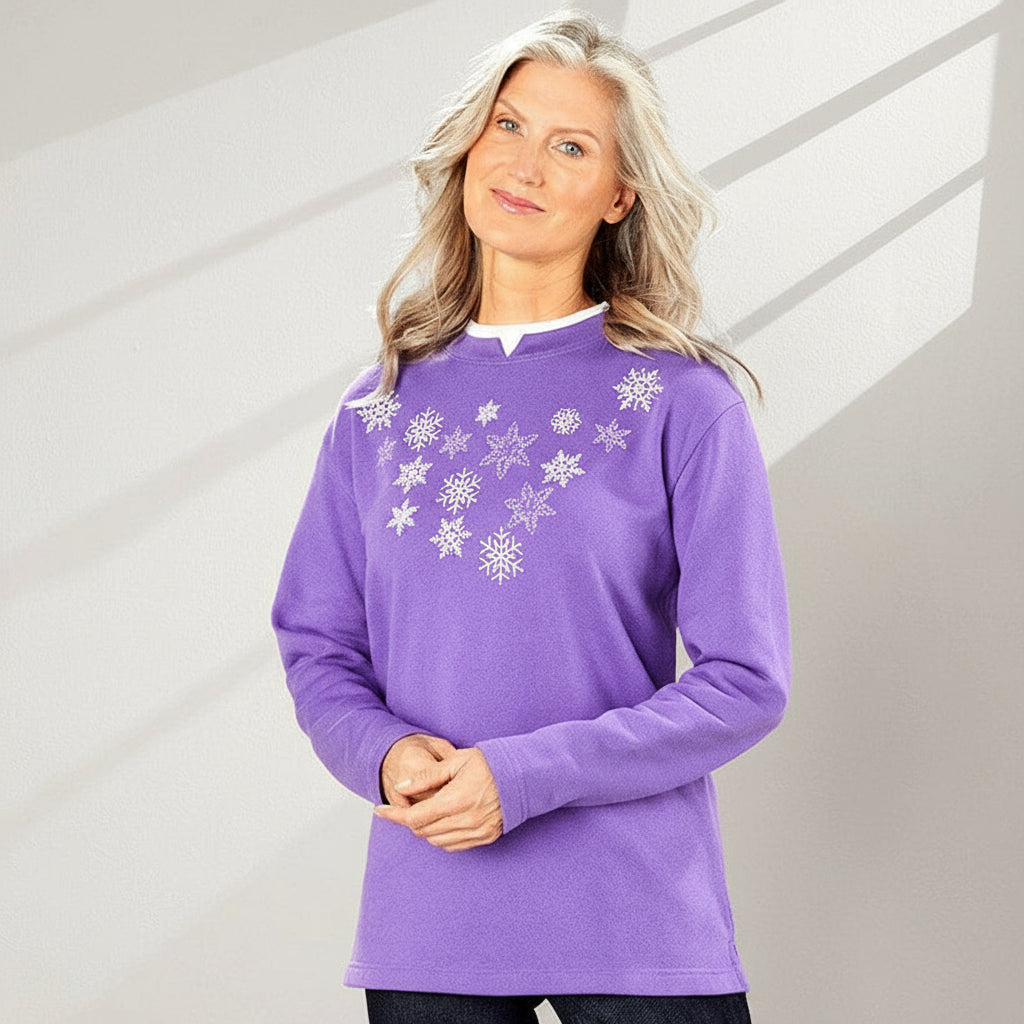 Women's Holiday Sweatshirt with Embroidered Snowflakes