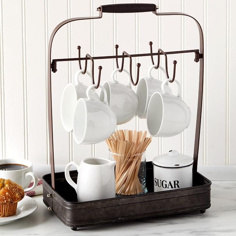 Farmhouse Coffee Mug Rack Tray Kitchen Organizer Decor Black