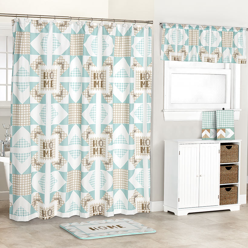 Home Pattern Shower Curtain, Bath Rug, Hand Towels, Valance, or Hooks
