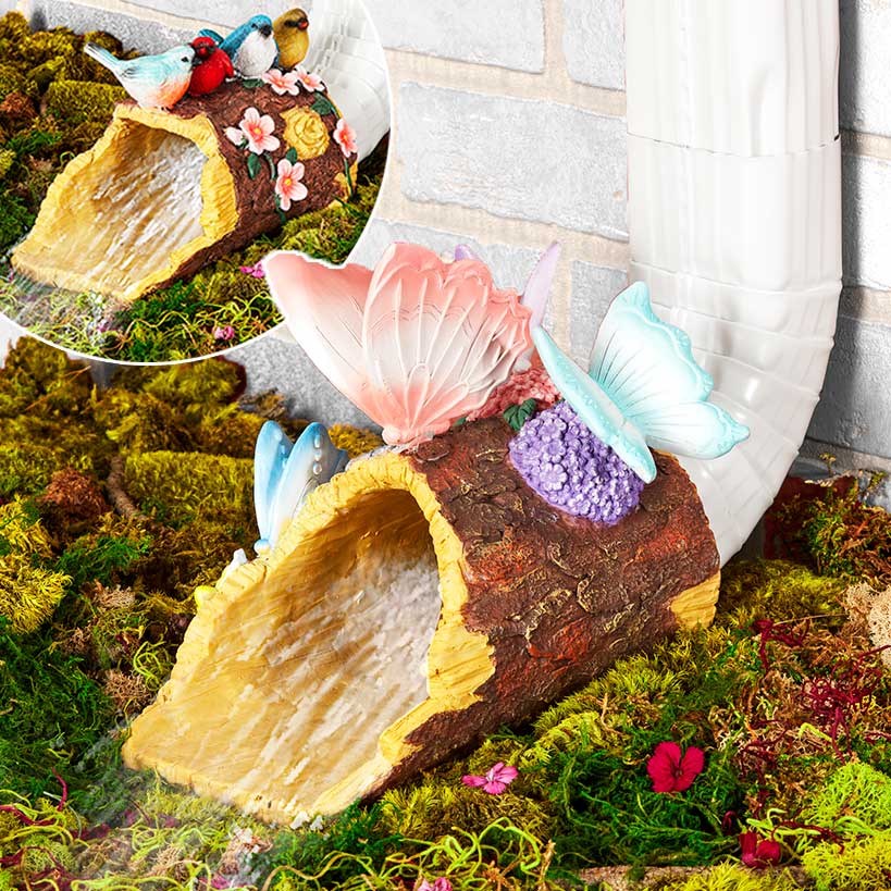 Down Spout Cover Wood Log With Butterflies Or Birds