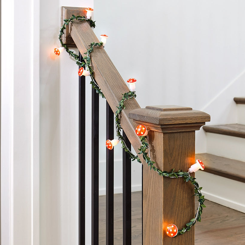 Mushroom String Lights With Greenery - Battery Operated