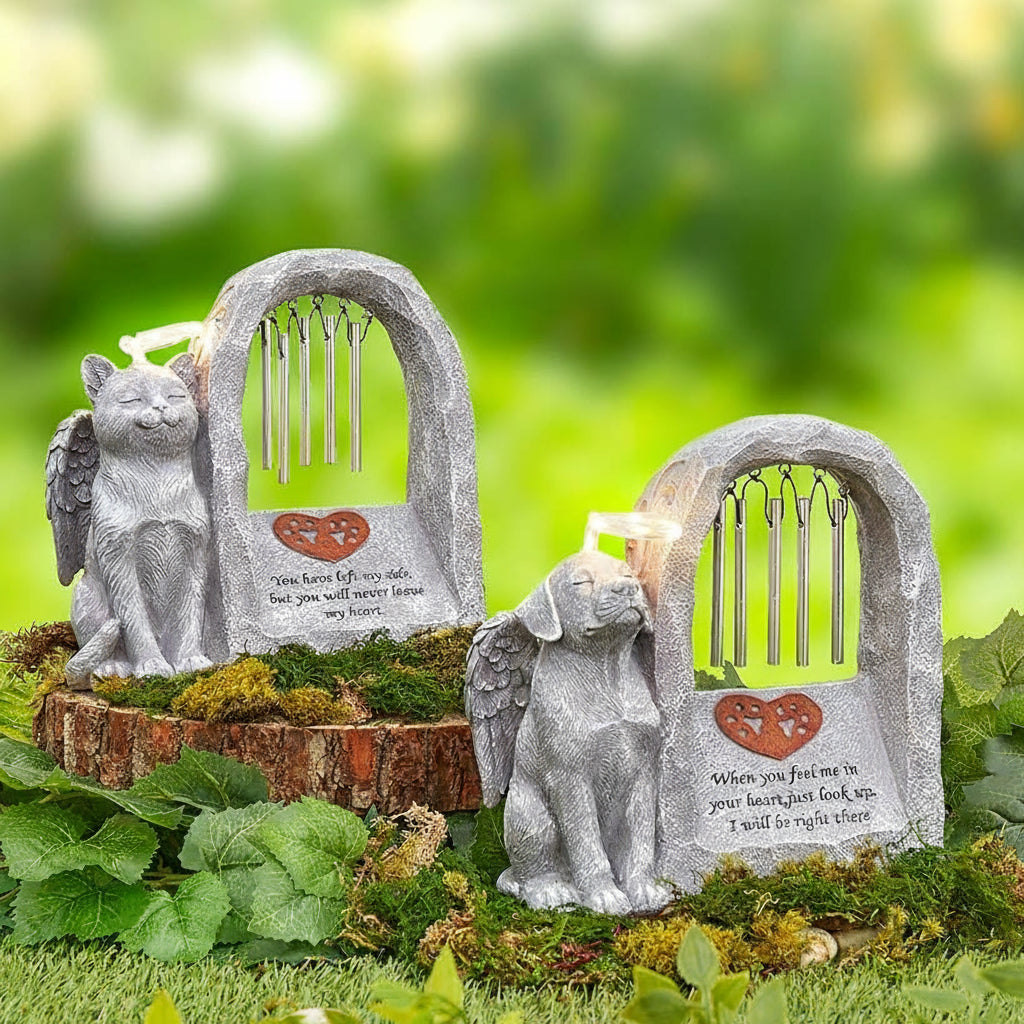 Pet Memorial Statue Solar with Chimes and Lighted Halo Dog or Cat