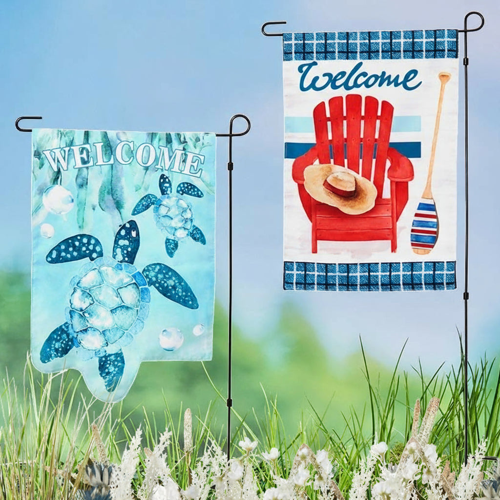 Nature-Themed Welcome Garden Flag With Stake – Turtle or Beach Chair