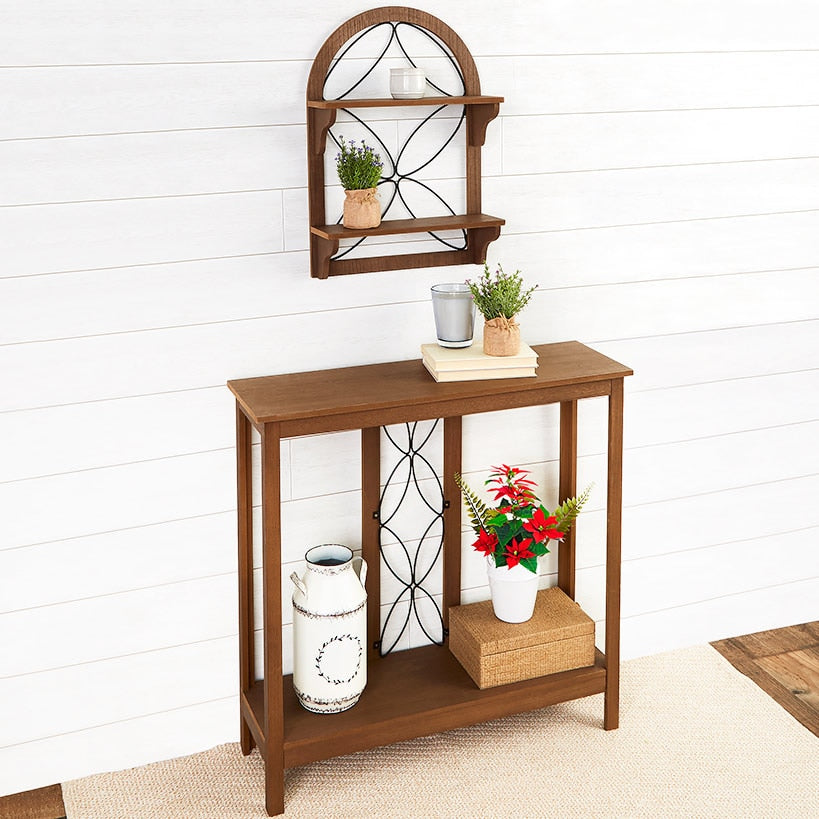 Decorative Wood-Like Console Table or Matching Shelf with Metal Scroll