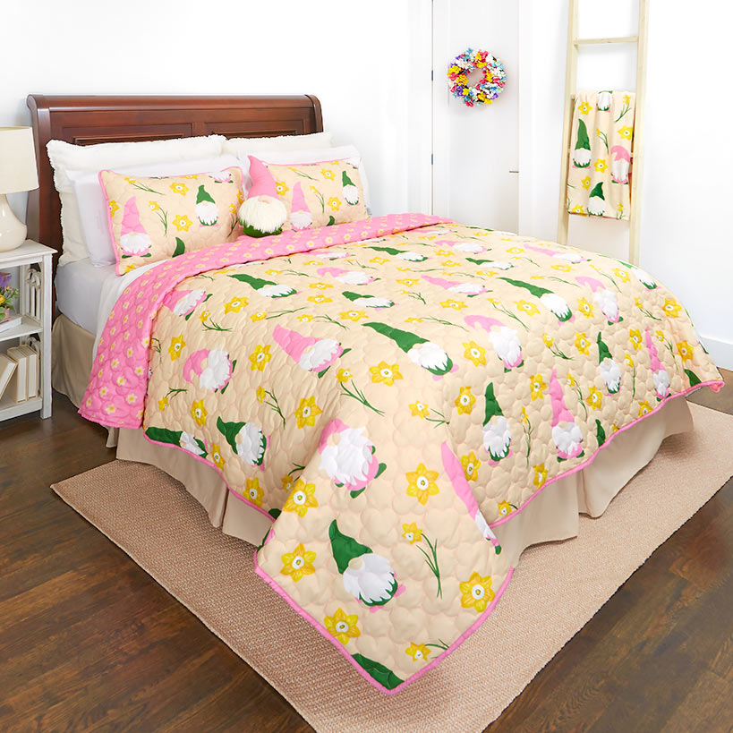 Daffodil Gnomes Full/Queen or King Quilt, Sham, or Decorative Pillow