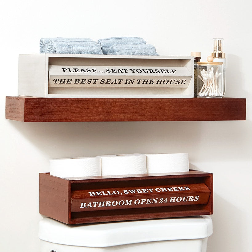Wooden Bathroom Toilet Topper Storage Tray with Funny Rotating Phrases