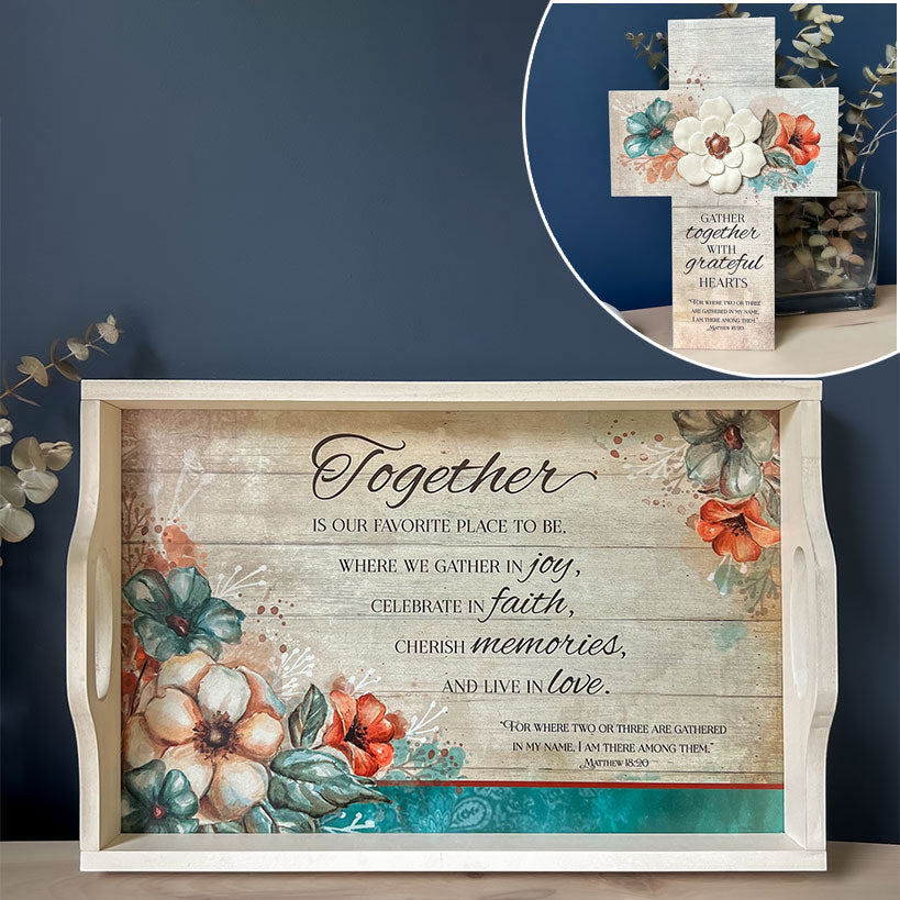 Gather Together Collection - Pie Plate, Wall Cross, Measuring Spoons, Tray