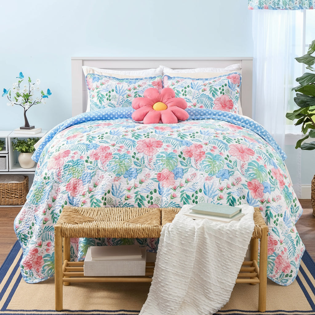 Tropical Garden Full/Queen or King Quilt, Sham, Decorative Pillow