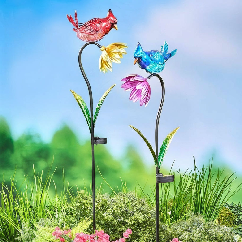 Solar Flower With Perched Bird Garden Stake - Blue or Red