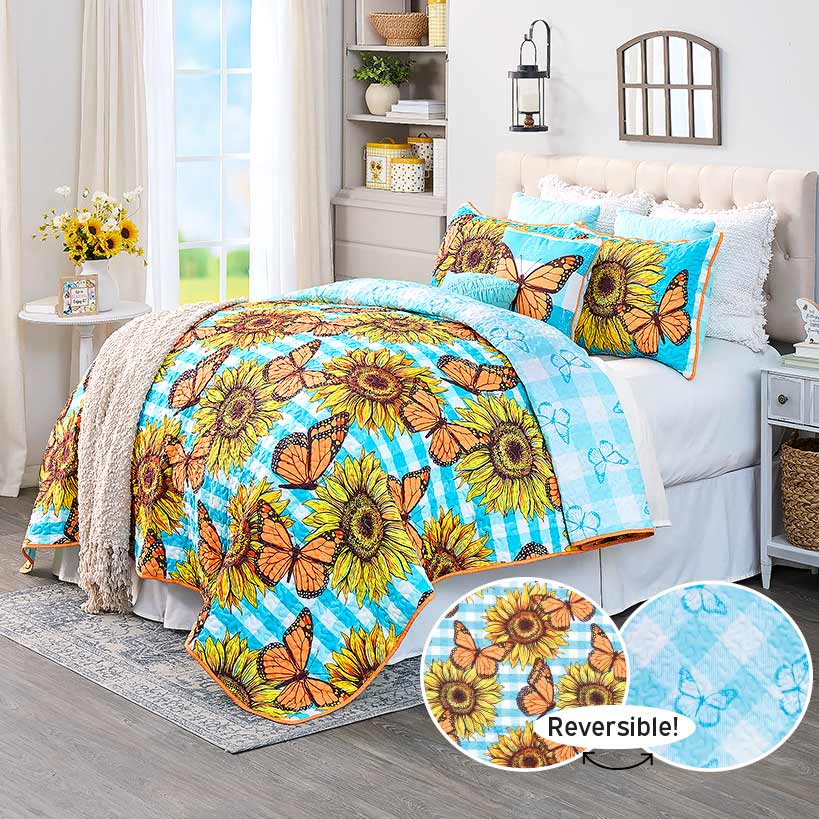 Sunflower Butterfly Full/Queen or King Quilt, Sham, or Decorative Pillow