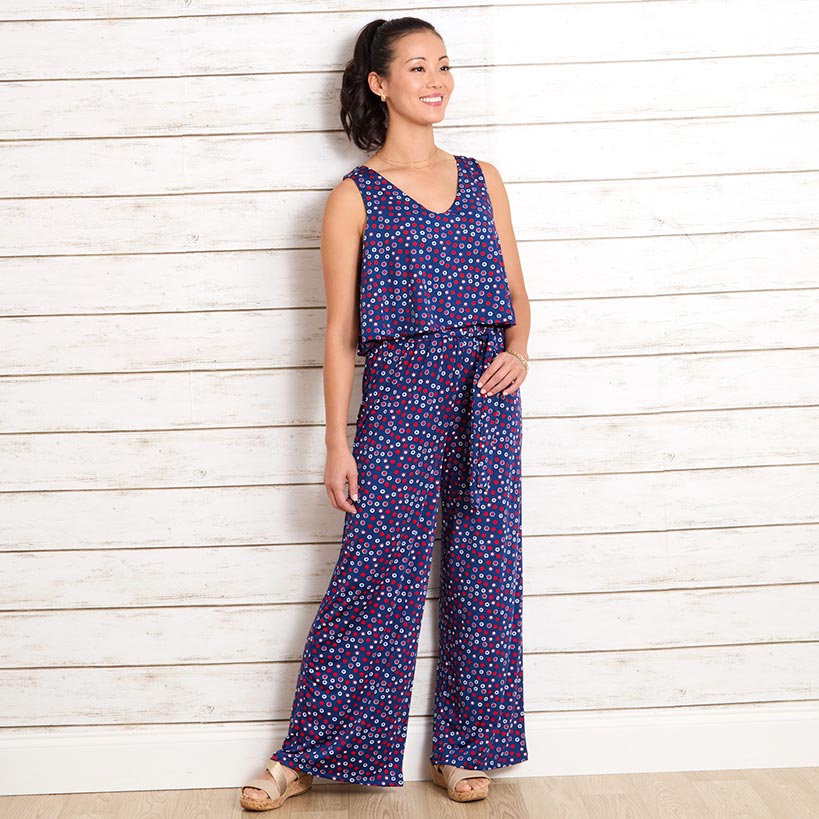 Women's V-Neck Wide Leg Jumpsuit - Red, White, and Blue