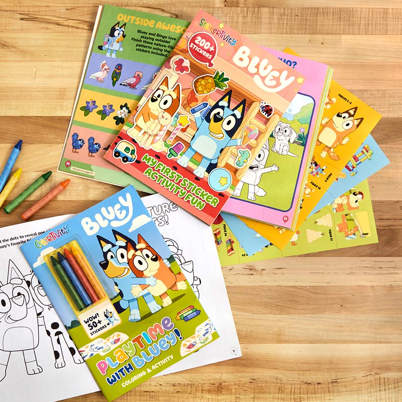 Bluey Activity 48 Page Soft Cover Books With Stickers Or 4 Crayons