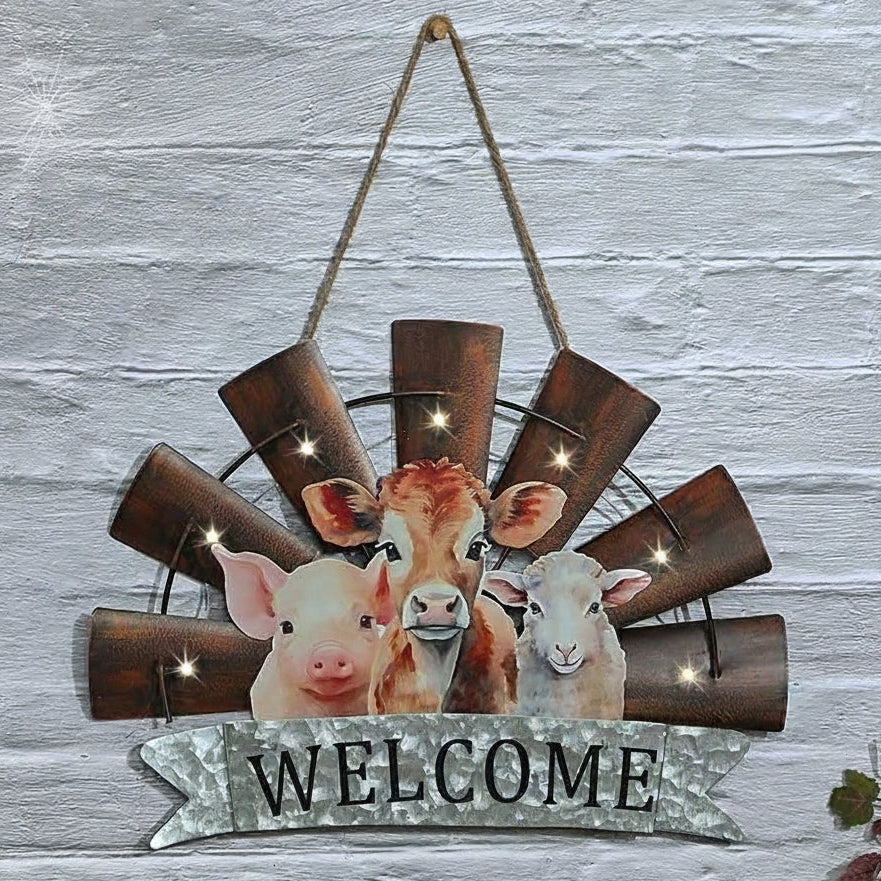 Welcome Windmill Sign With Farm Animals And LED Lights Hanging Decor