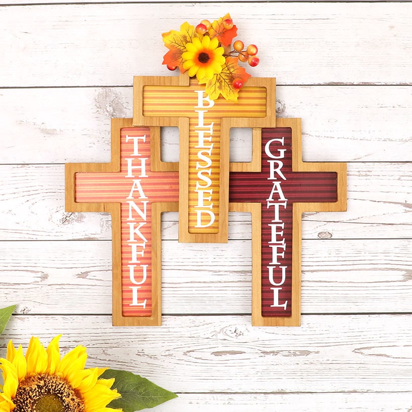 Cross Harvest Wall Decor With Sentiment Thankful Blessed And Grateful