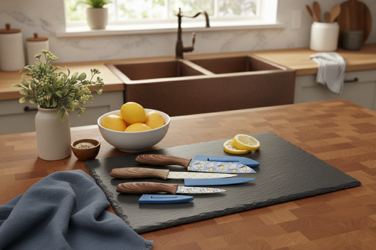 Kitchen Knife Set with Sheaths - Lemon Print