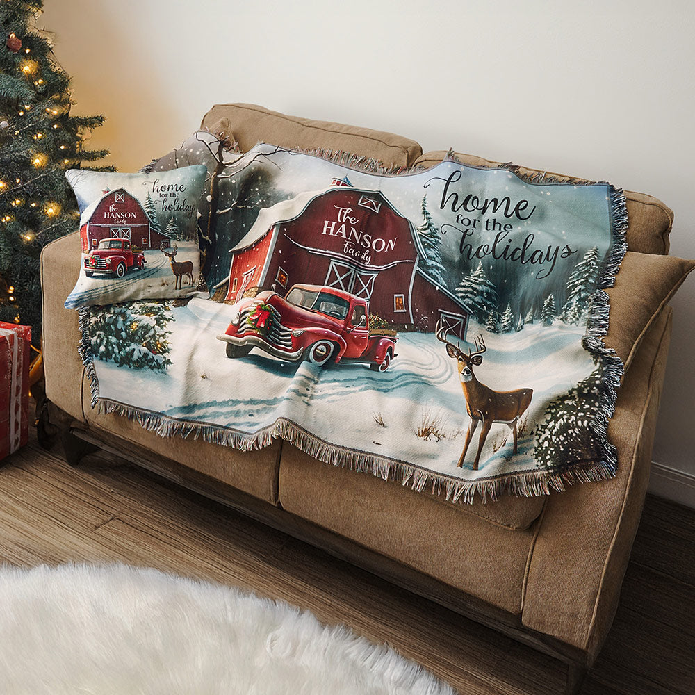 Personalized Home for the Holidays Red Barn Fringe Throw Blanket