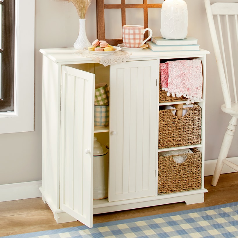 Beadboard Wooden Cabinet with 3 Storage Shelves and Cupboard