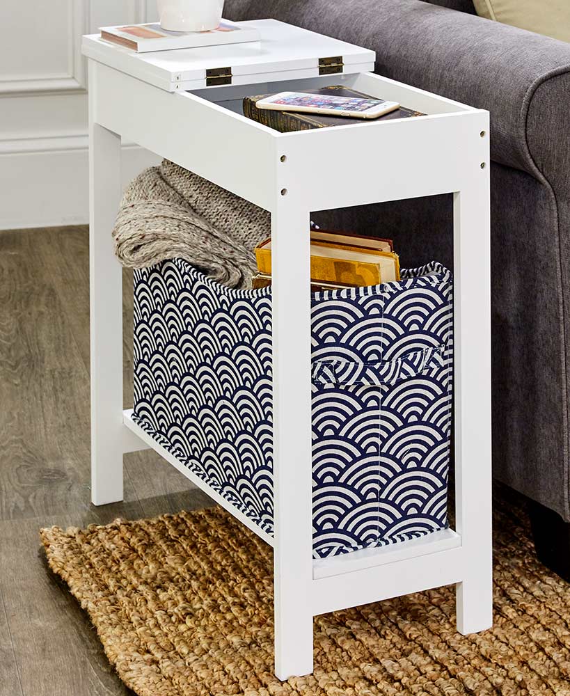 Narrow Wood Side Table with Flip-Top and Fabric Storage Bin