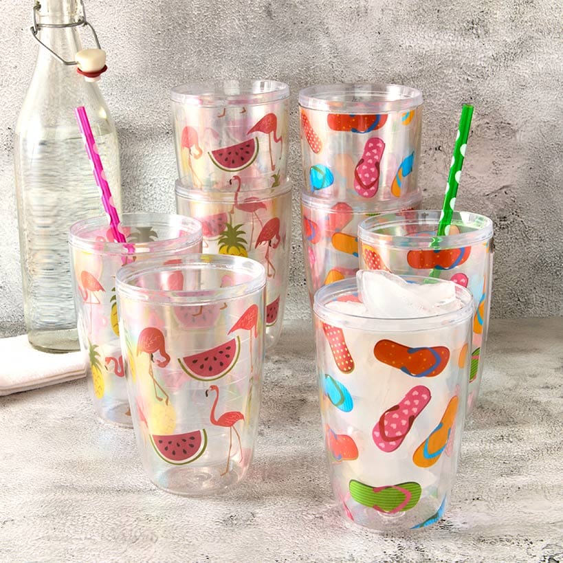Plastic 16oz Insulated Tumbler Set of 4 Flamingo or Flipflops