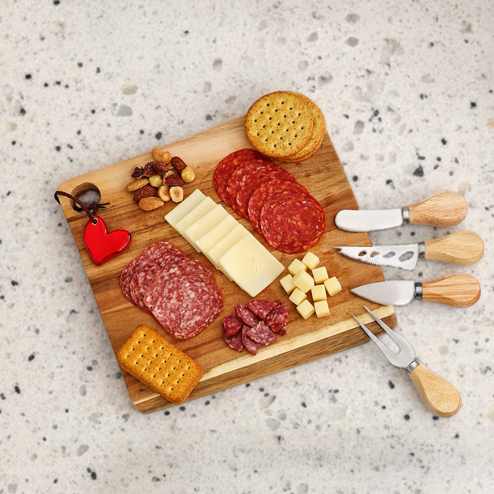 Acacia Cheese Board with Red Heart Accent
