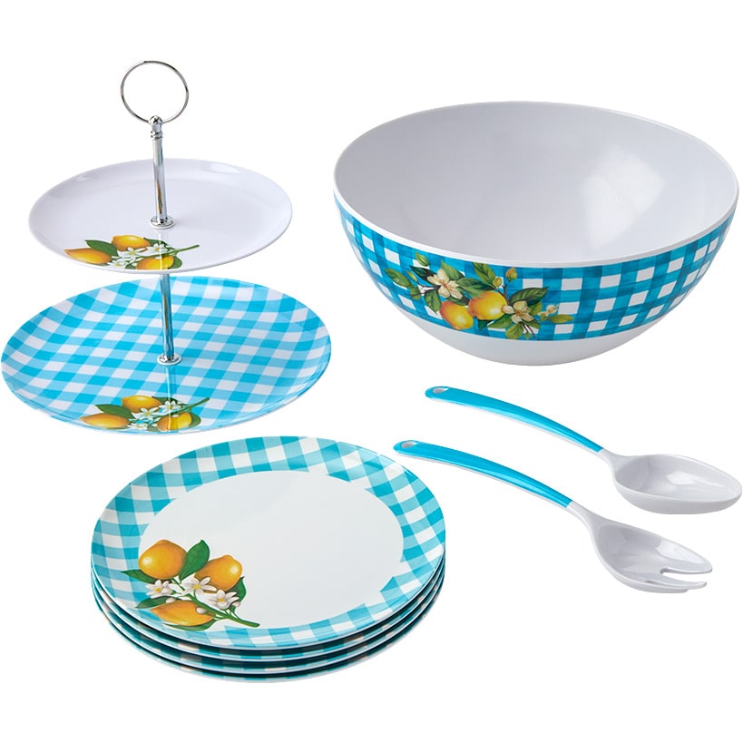 Citrus Chic Blue Plaid and Lemon Print Melamine Salad Bowl with Utensils
