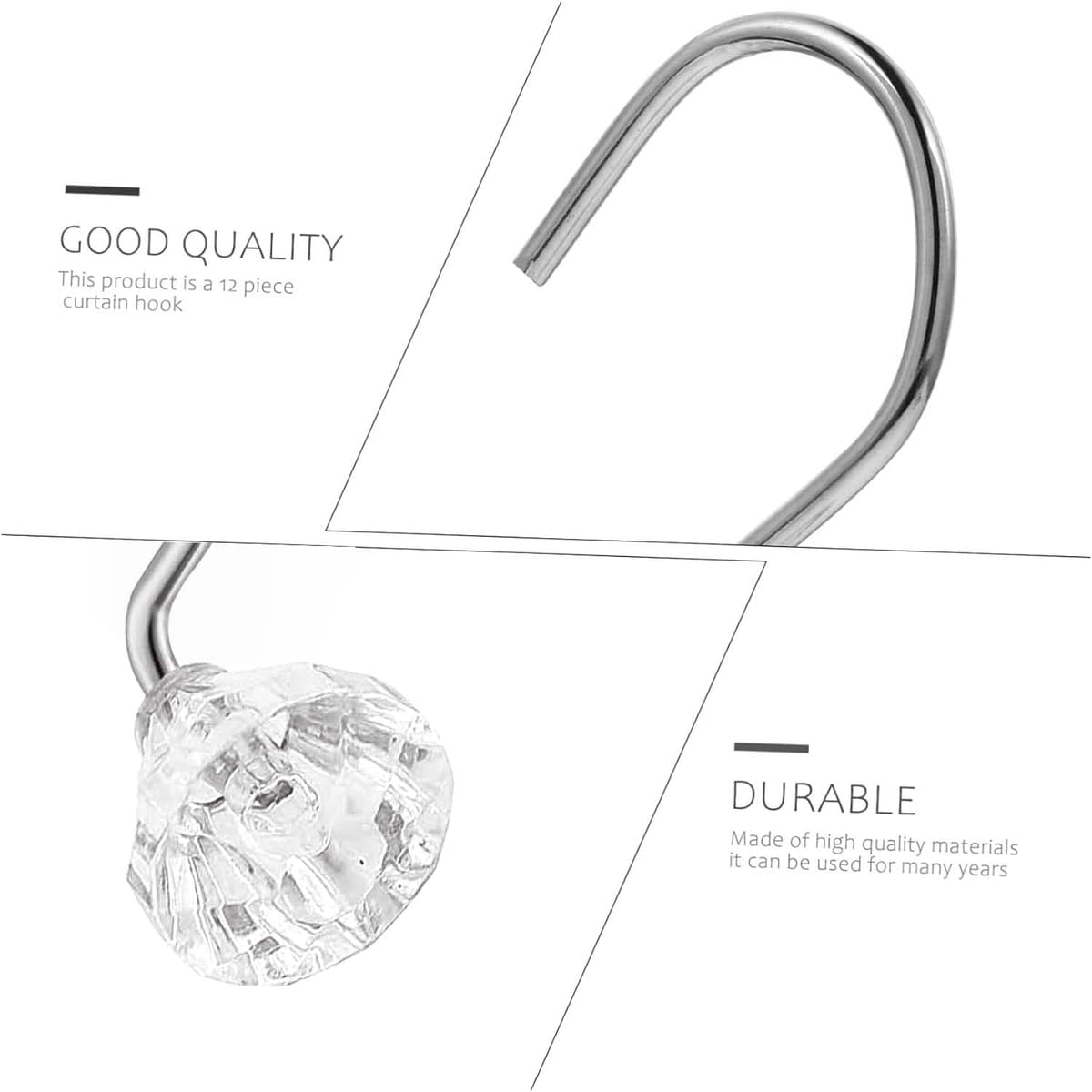 Set of 12 Rust Resistant Shower Curtain Hooks - 6 Designs!