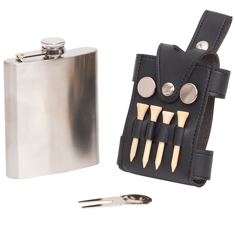 Golfer's Flask - Leather Case, Tees and Divot Tool Included
