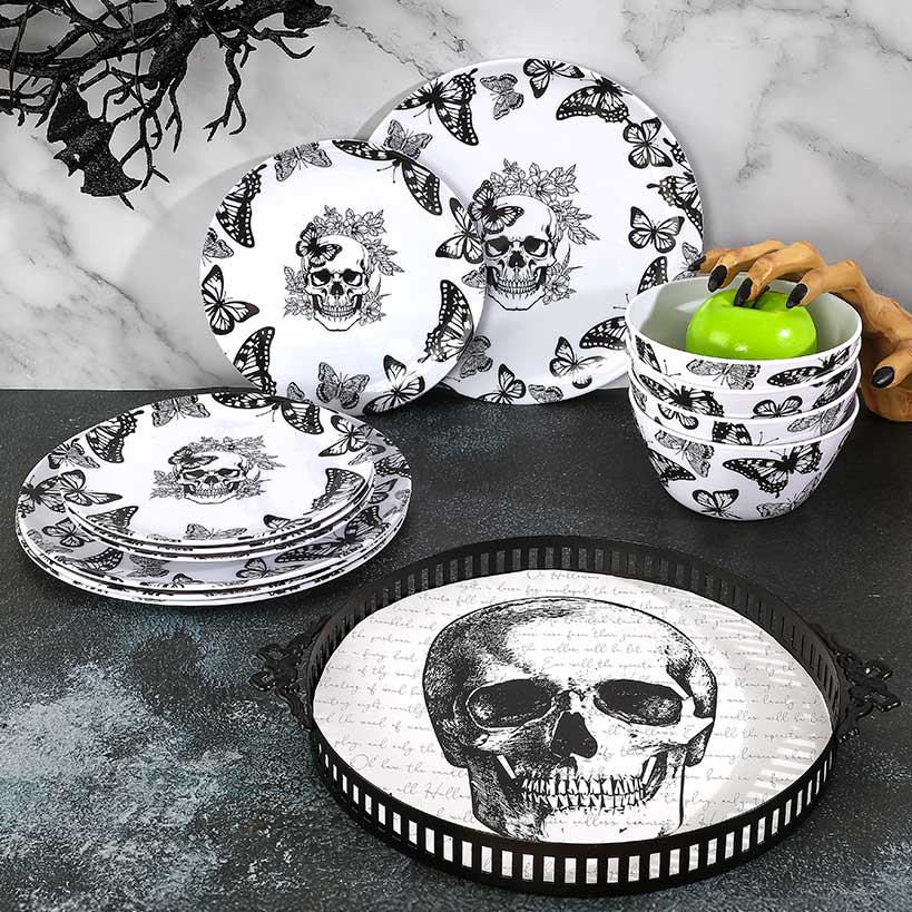 Gothic Elegance Halloween Butterfly and Skull Dinnerware Set