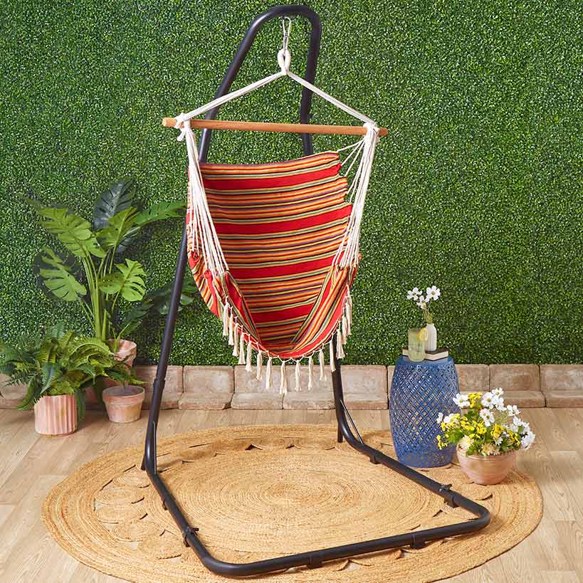 Outdoor Hammock Hanging Striped Chair or Black Metal Stand
