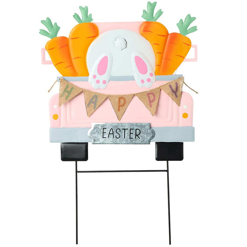 Happy Easter Pink Truck Stake With Hopping Bunny And Carrots