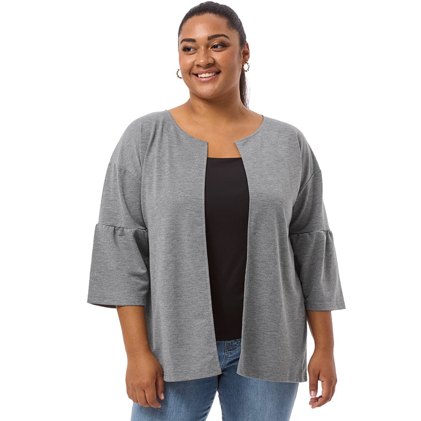 Open Front Cardigan with Ruffle 3/4 Sleeve