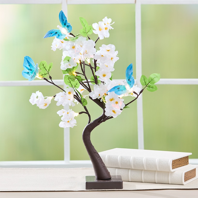 Lighted Fiber Optic Flower Butterfly Tabletop Tree - Pink or Yellow#select-color_yellow