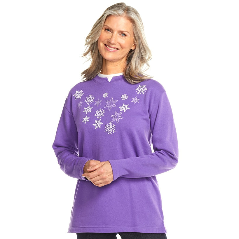 Women's Holiday Sweatshirt with Embroidered Snowflakes