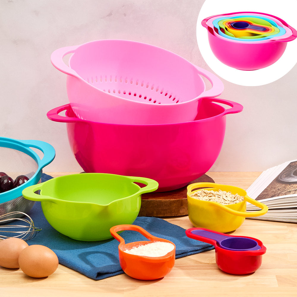 Nested Mixing Bowl and Measuring Cup Set Multicolored Plastic