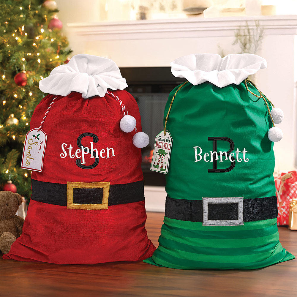 Personalized Green Velvet Elf Santa Sack