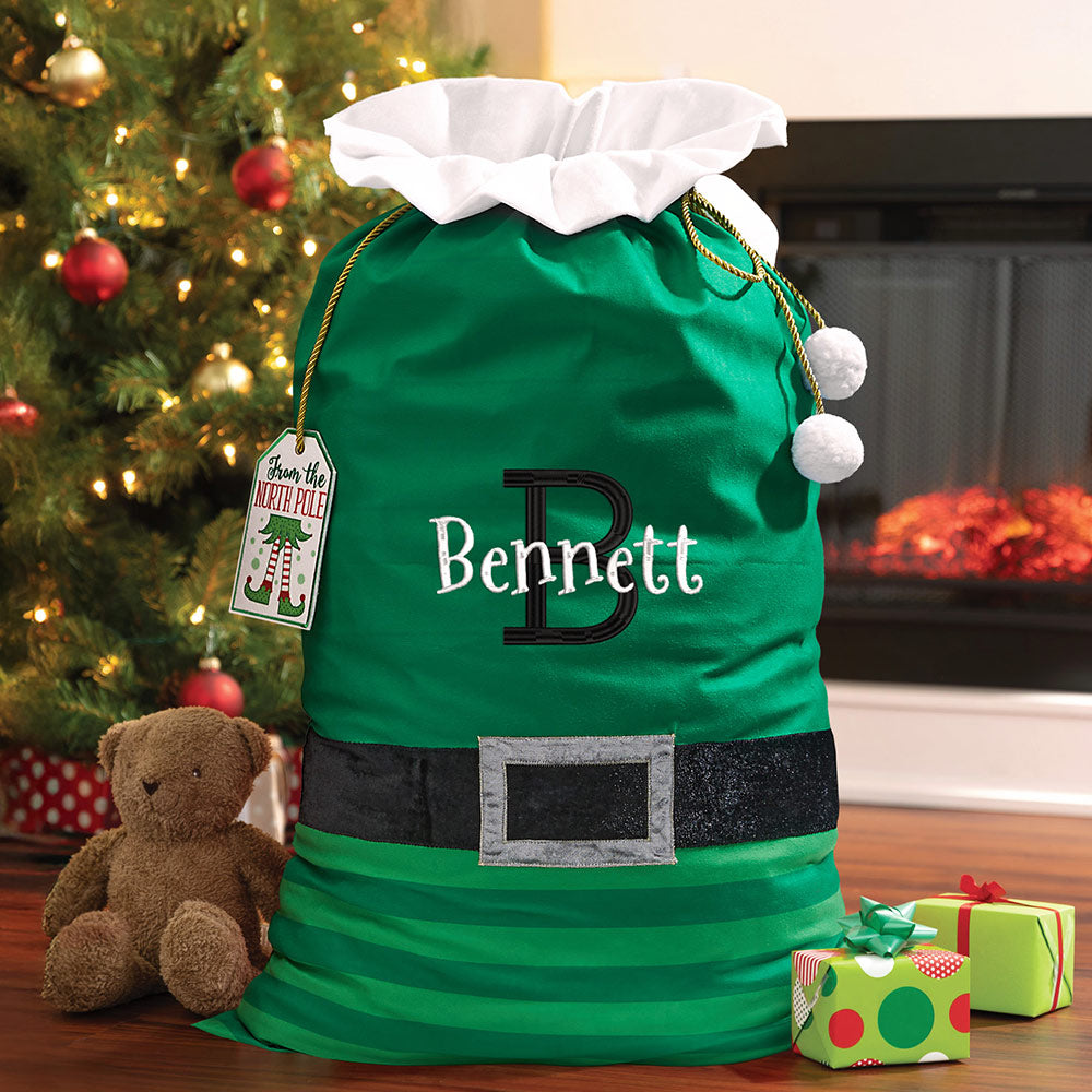 Personalized Green Velvet Elf Santa Sack