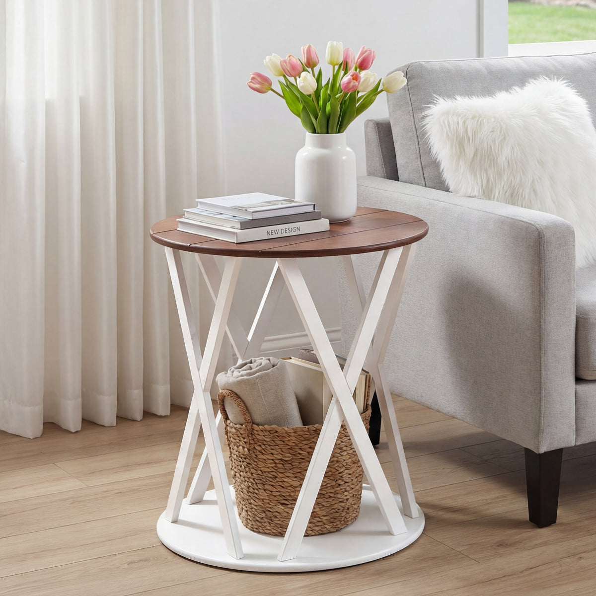 Round Two Tone Rustic Style Accent Table 19" Dia x 21.5"H