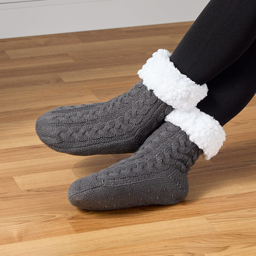 Women's Fleece-Lined Knitted Slipper Socks with Grippers#select-color_gray