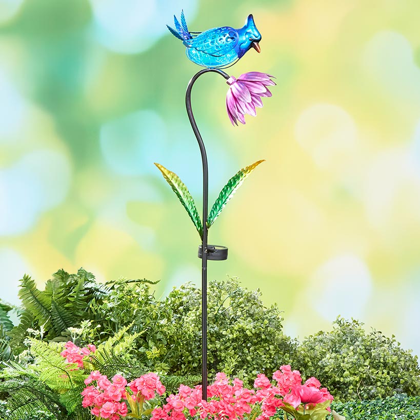 Solar Flower With Perched Bird Garden Stake - Blue or Red