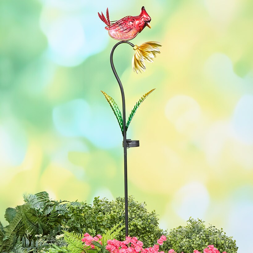 Solar Flower With Perched Bird Garden Stake - Blue or Red#select-color_red