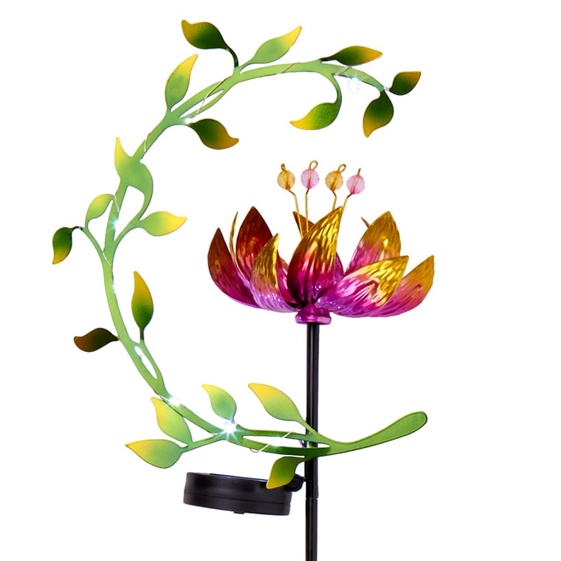 Solar Flower and Leaves Wind Spinner Garden Stake Red or Blue