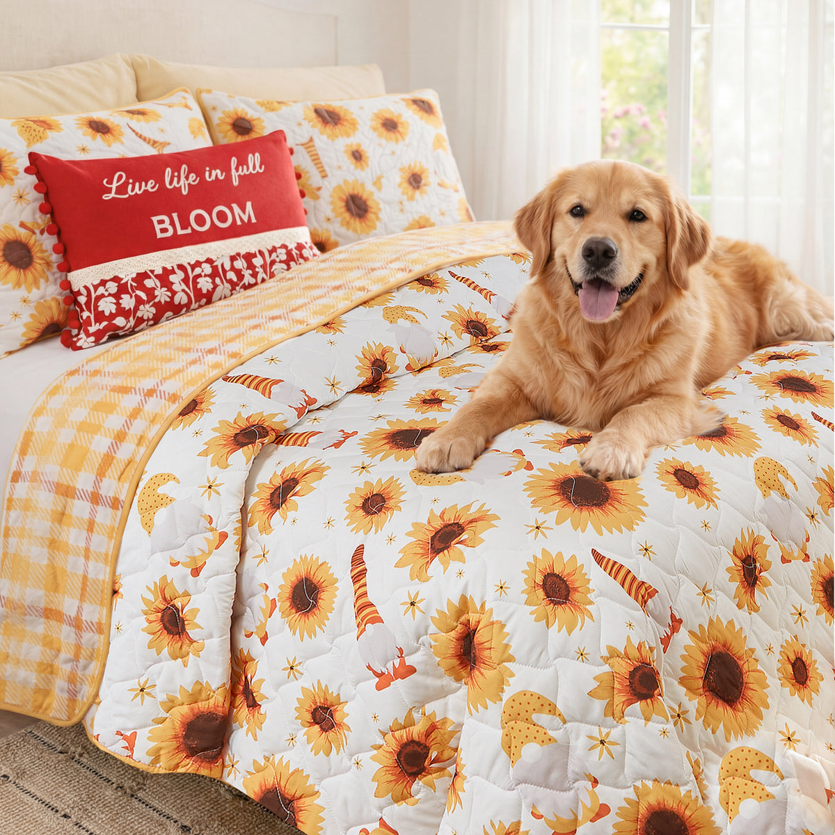 Sunflowers and Gnomes Full/Queen or King Quilt, Sham, or Accent Pillow