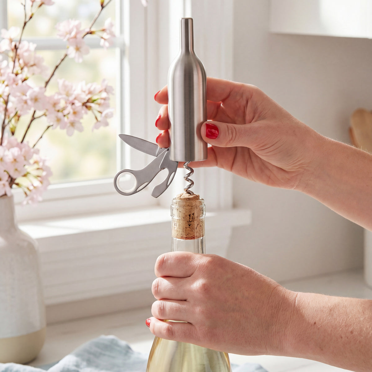 Wine Bottle Tool - Corkscrew, Cap Lifter, Magnifier, Knife, Cutter Blade