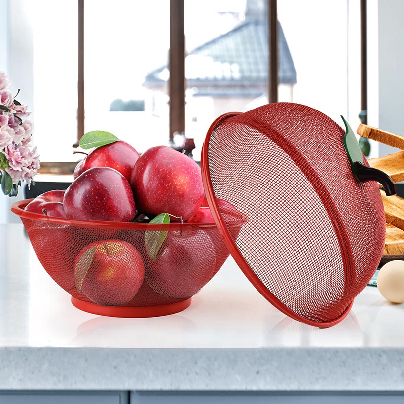 Mesh Wire Apple Shaped Fruit Basket with Lid Fruit Bowl Cover 2 Pc