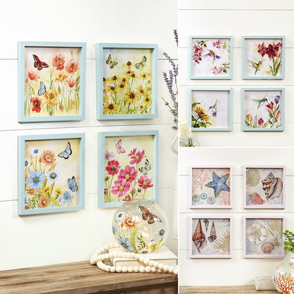 Framed Wall Art - Hummingbird, Butterfly, or Seashell Theme - 4 Pc