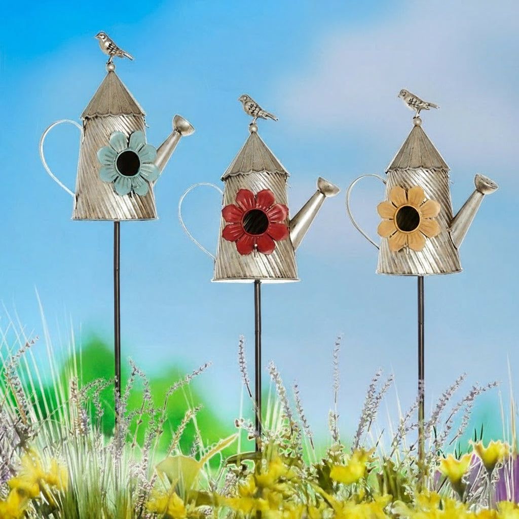 Metal Birdhouse Garden Stakes – Yellow, Red, and Blue Colors