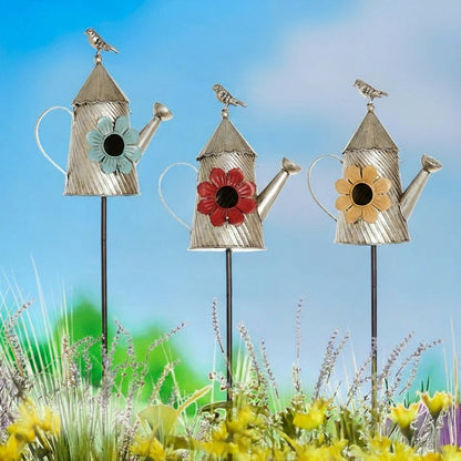 Metal Birdhouse Garden Stakes – Yellow, Red, and Blue Colors