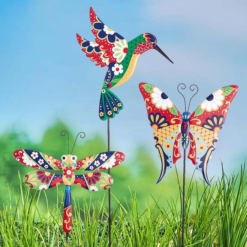 Talavera-Inspired Garden Stakes-Hummingbird, Dragonfly, and Butterfly