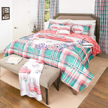 Spring Truck Reversible Full/Queen or King Quilt, Decorative Pillow