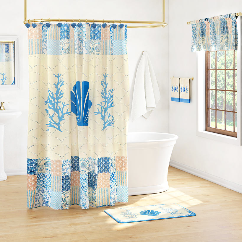 Coral Patch Shower Curtain, Bath Rug, Hand Towels, Valance, or Hooks